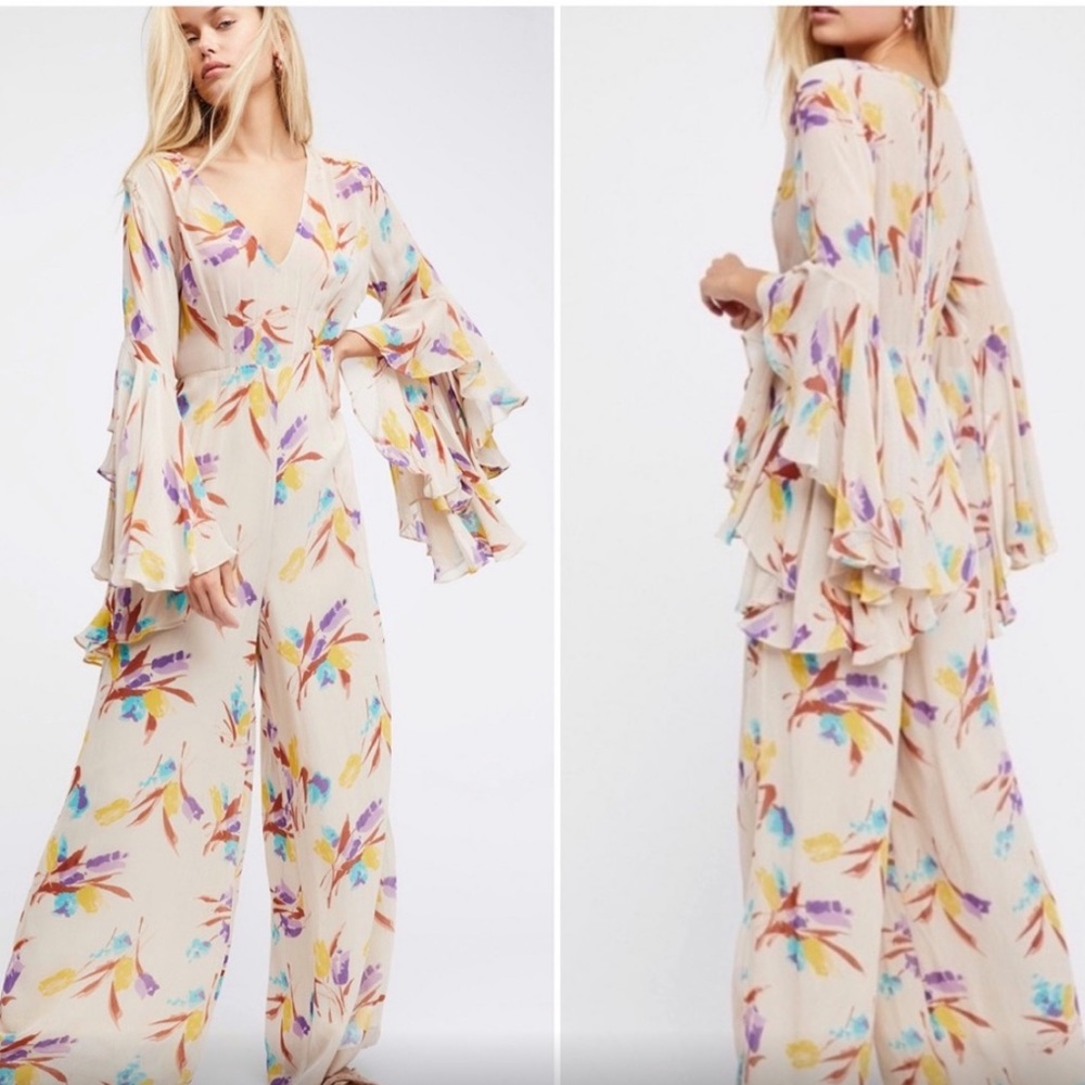 BY TIMO tulip V-neck wide leg jumpsuit floral boho Free People viscose tan - Picture 2 of 13